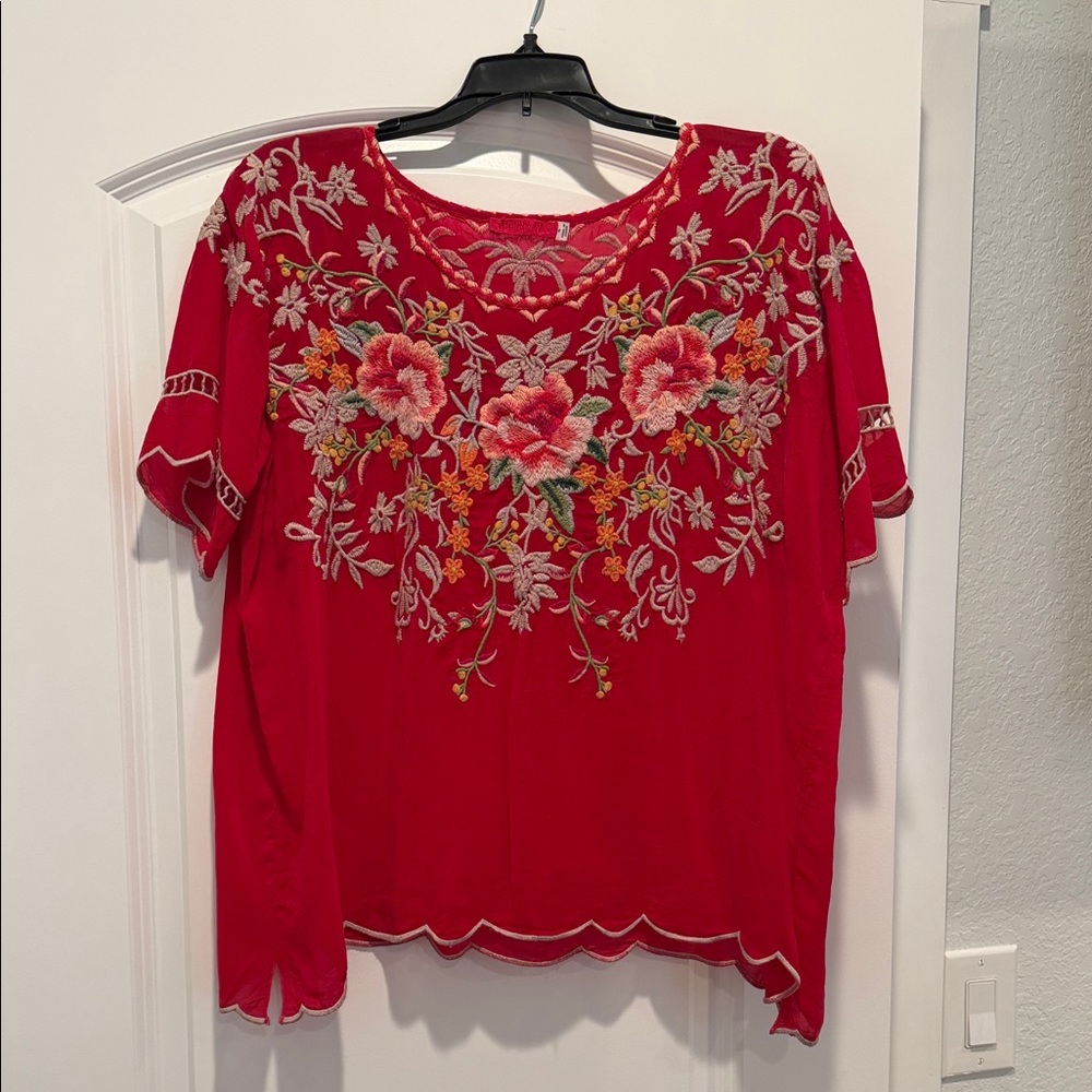 Johnny Was Red Floral Embroidered Blouse